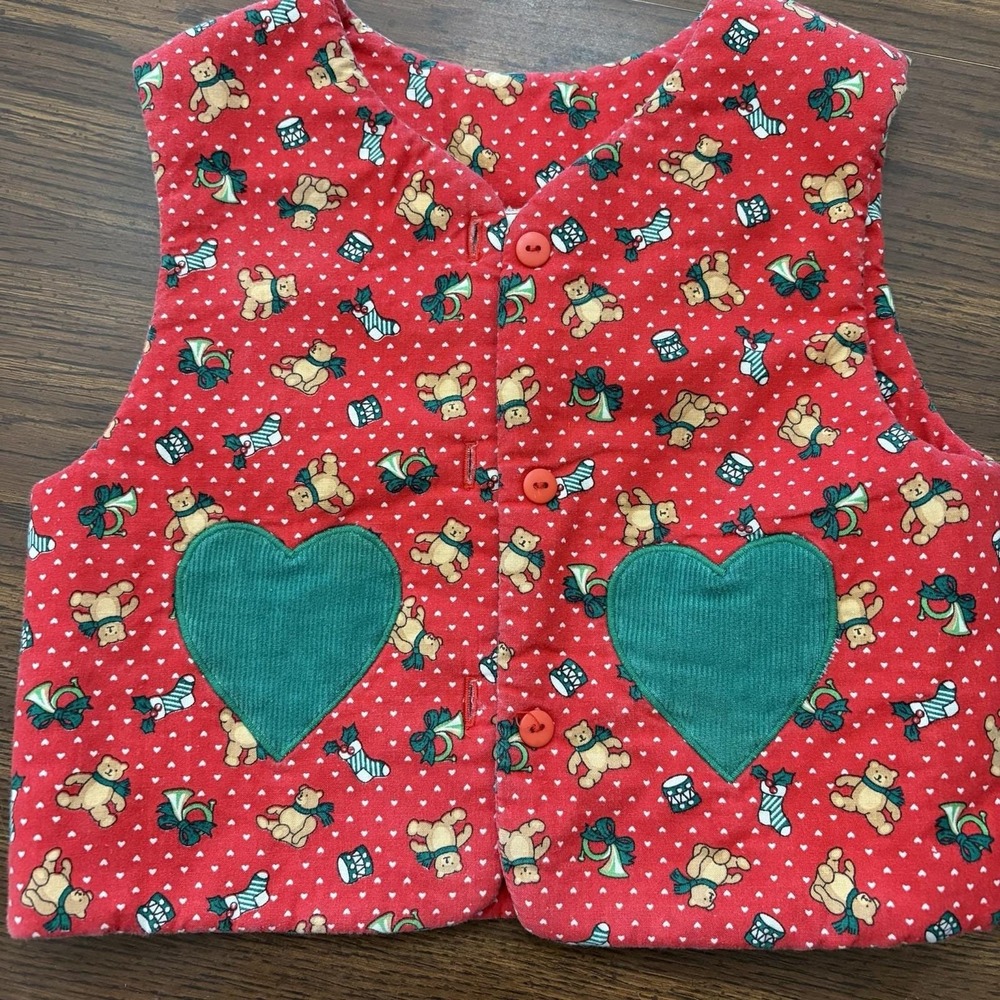 Vintage Julie Tennant Dallas Child's Christmas Vest Teddy Bear Holiday Cottage